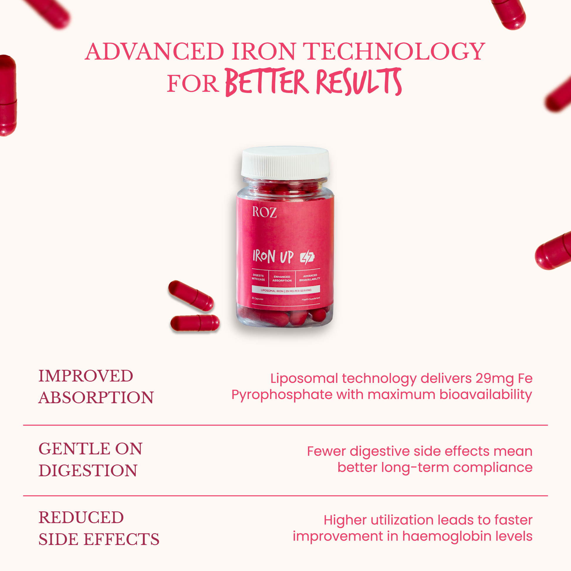 A natural liposomal iron supplement for women, designed to be safe, gentle, and 100% vegetarian. It delivers iron in a highly absorbable form with no side effects like constipation or nausea. Regular use helps boost energy levels, reduce fatigue, and minimize hair fall, supporting overall health and well-being from within.